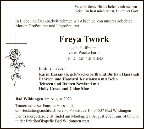 Traueranzeige von Freya Twork von WLZ