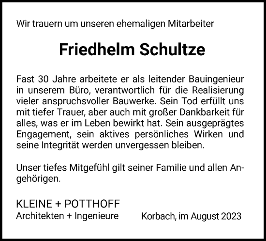 Traueranzeige von Friedhelm Schultze von WLZ