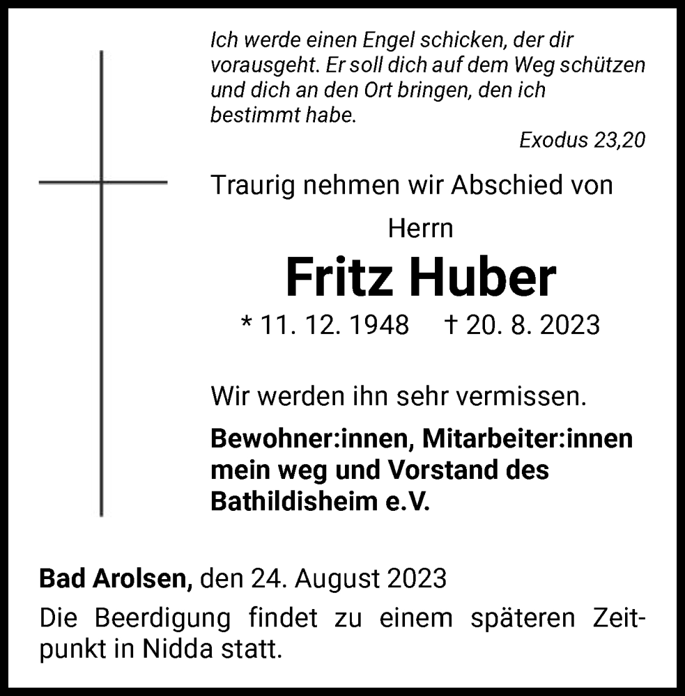  Traueranzeige für Fritz Huber vom 24.08.2023 aus WLZ