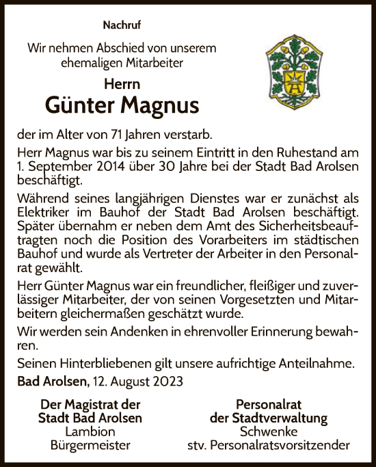 Traueranzeige von Günter Magnus von WLZ