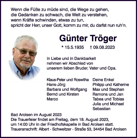 Traueranzeige von Günter Tröger von WLZ