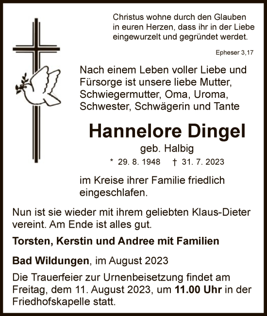 Traueranzeige von Hannelore Dingel von WLZ