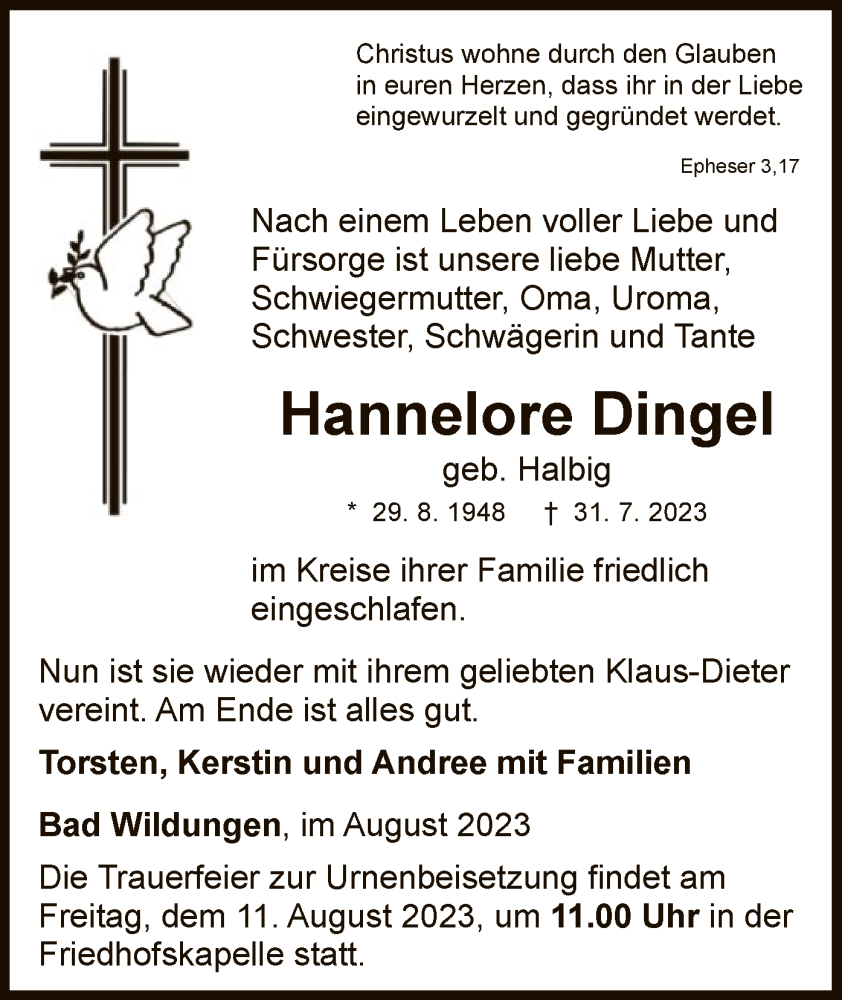  Traueranzeige für Hannelore Dingel vom 05.08.2023 aus WLZ