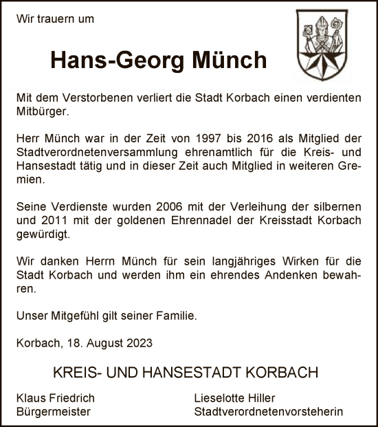 Traueranzeige von Hans-Georg Münch von WLZ
