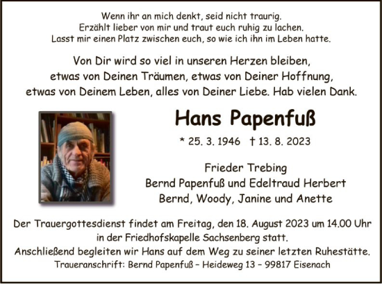 Traueranzeige von Hans Papenfuß von HNA