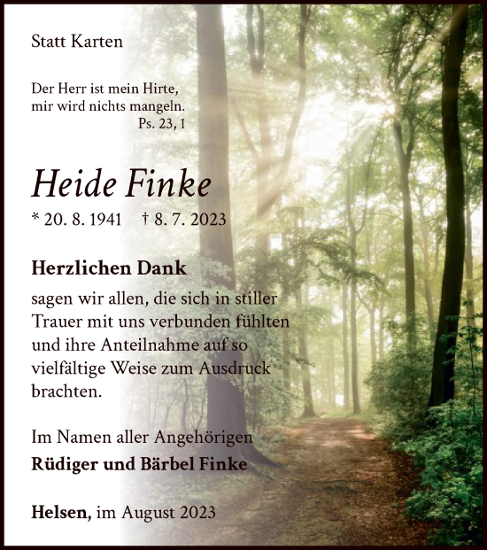 Traueranzeige von Heide Finke von WLZ