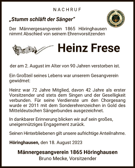 Traueranzeige von Heinz Frese von WLZ