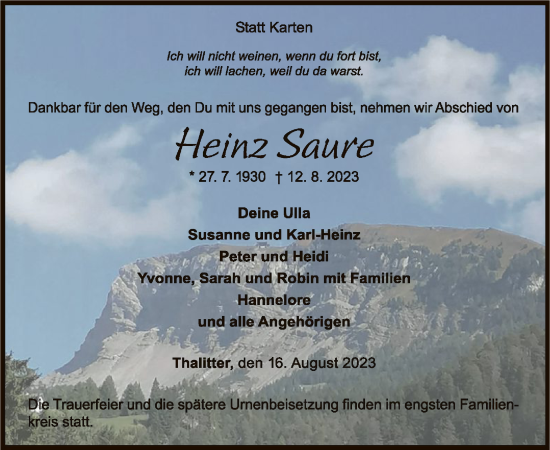 Traueranzeige von Heinz Saure von WLZ