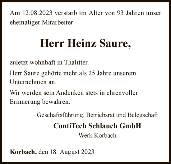 Traueranzeige von Heinz Saure von WLZ