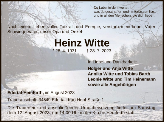 Traueranzeige von Heinz Witte von WLZ