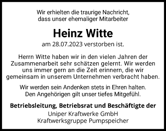 Traueranzeige von Heinz Witte von WLZ