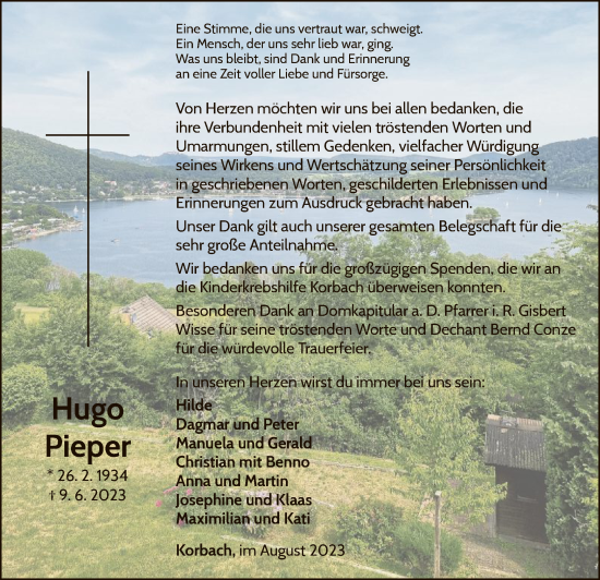 Traueranzeige von Hugo Pieper von WLZ