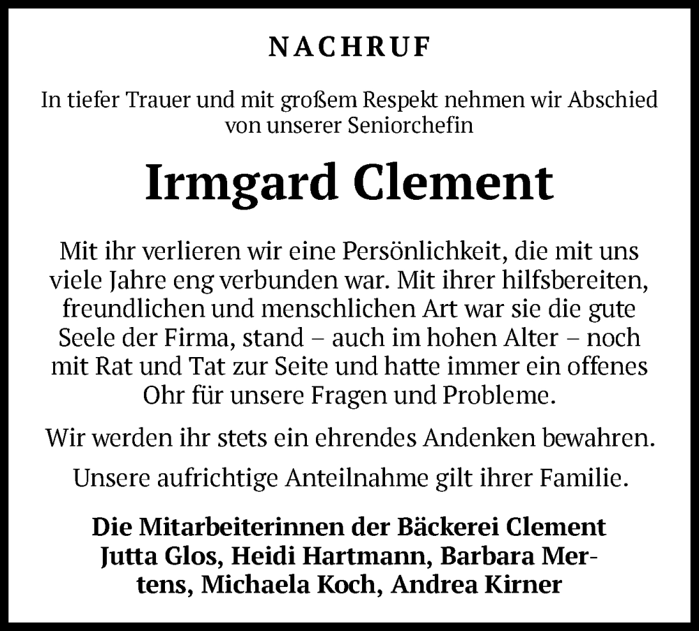  Traueranzeige für Irmgard Clement vom 19.08.2023 aus WLZ