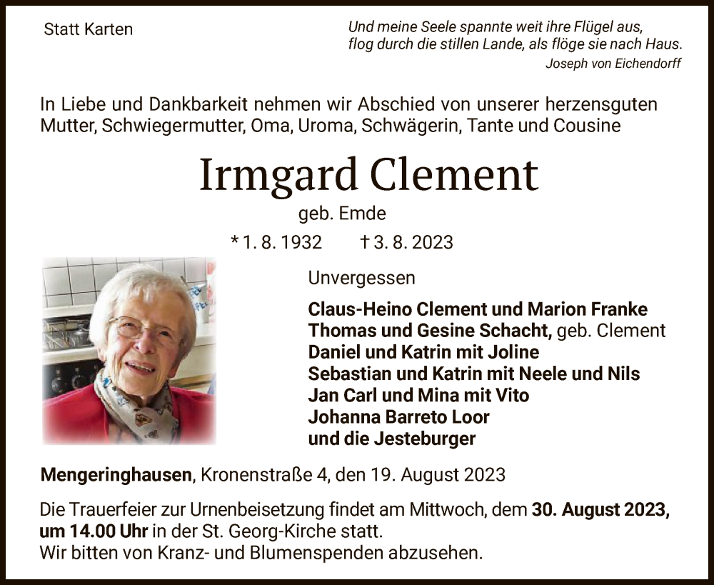  Traueranzeige für Irmgard Clement vom 19.08.2023 aus WLZ