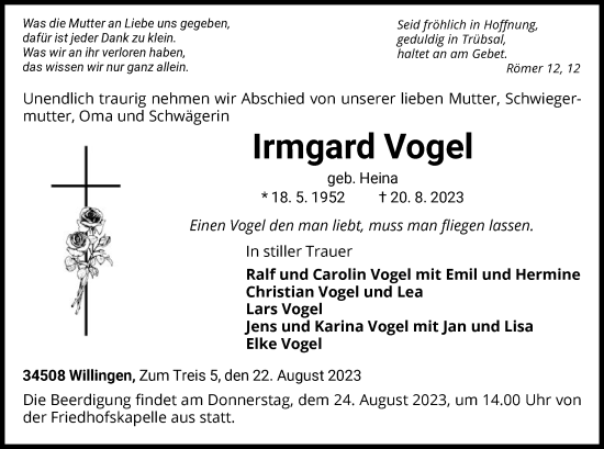 Traueranzeige von Irmgard Vogel von WLZ