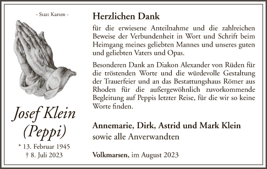 Traueranzeige von Josef Klein von WLZ