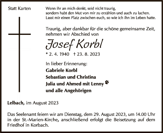 Traueranzeige von Josef Korbl von WLZ