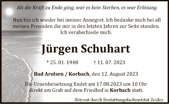 Traueranzeige von Jürgen Schuhart von WLZ