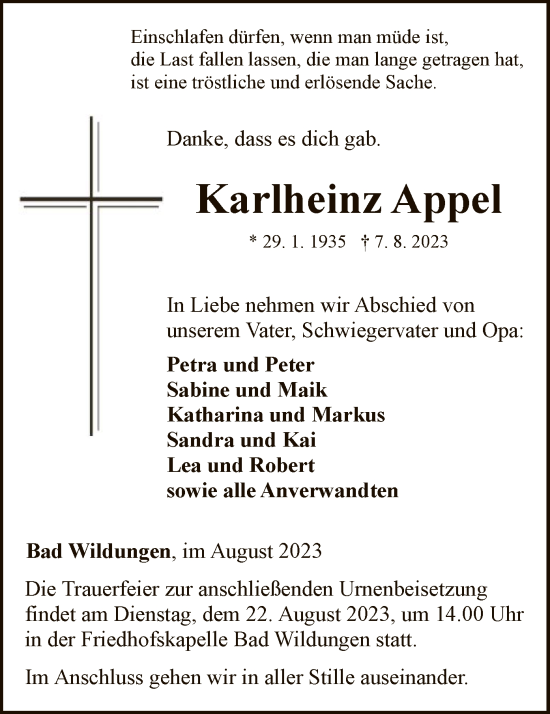 Traueranzeige von Karlheinz Appel von WLZ