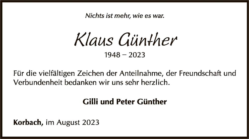  Traueranzeige für Klaus Günther vom 26.08.2023 aus WLZ