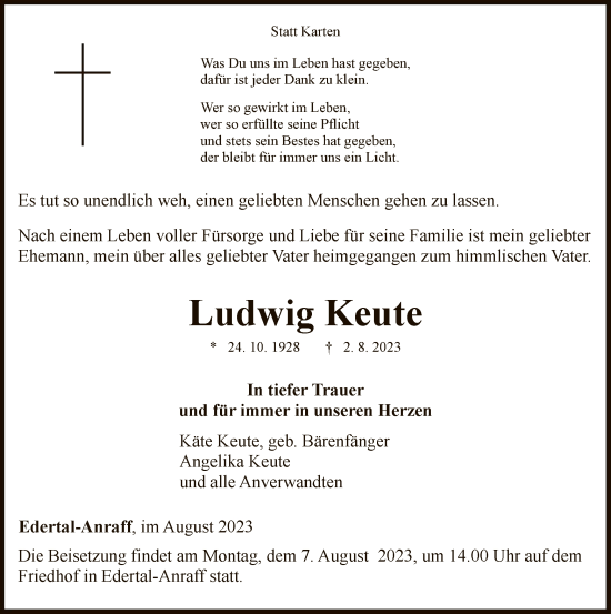 Traueranzeige von Ludwig Keute von WLZ