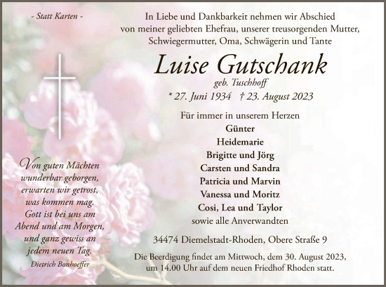 Traueranzeige von Luise Gutschank von WLZ