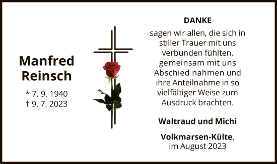 Traueranzeige von Manfred Reinsch von WLZ