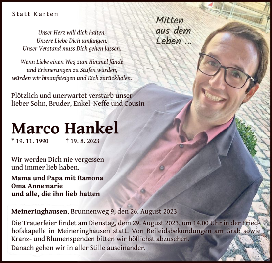 Traueranzeige von Marco Hankel von WLZ