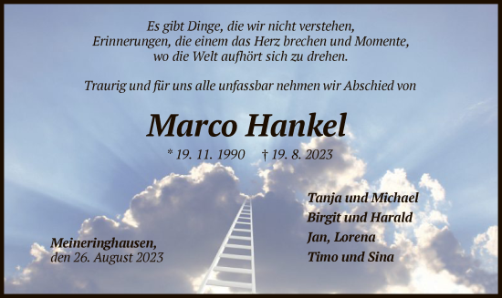 Traueranzeige von Marco Hankel von WLZ