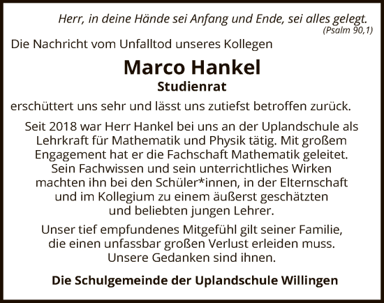 Traueranzeige von Marco Hankel von WLZ