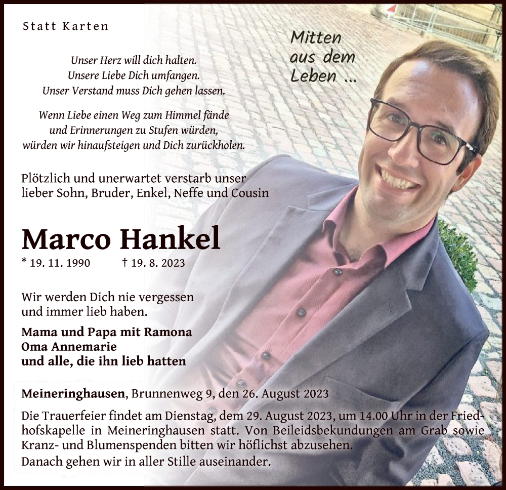 Traueranzeige für Marco Hankel vom 26.08.2023 aus WLZ