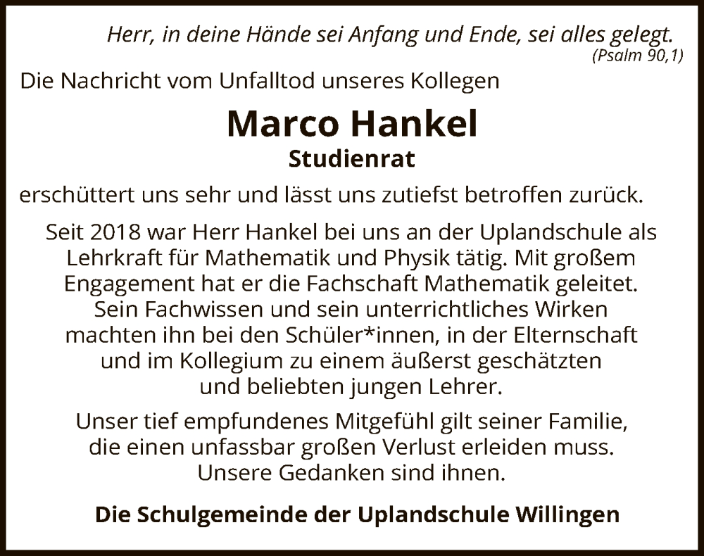  Traueranzeige für Marco Hankel vom 26.08.2023 aus WLZ