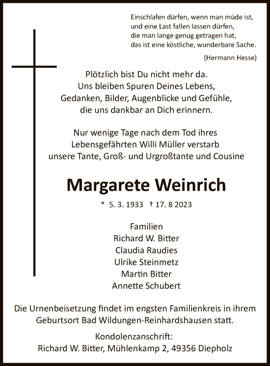 Traueranzeige von Margarete Weinrich von WLZ