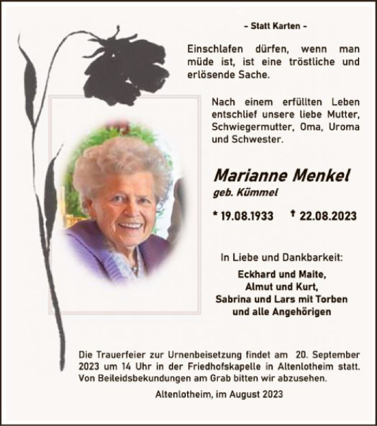 Traueranzeige von Marianne Menkel von HNAWLZ