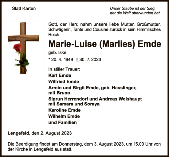 Traueranzeige von Marie-Luise Marlies Emde von WLZ