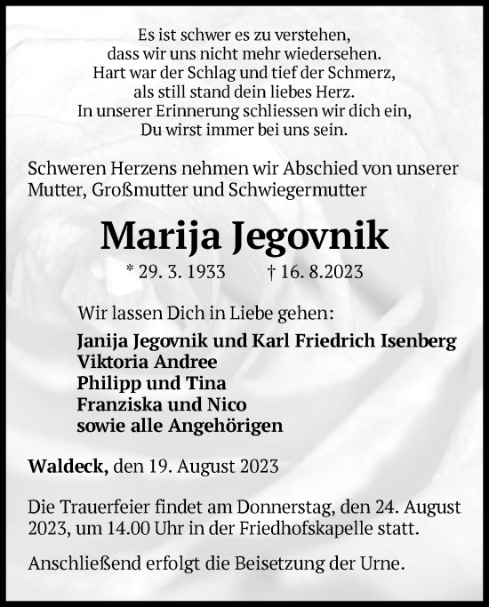 Traueranzeige von Marija Jegovnik von WLZ