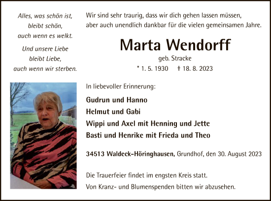 Traueranzeige von Marta Wendorff von WLZ