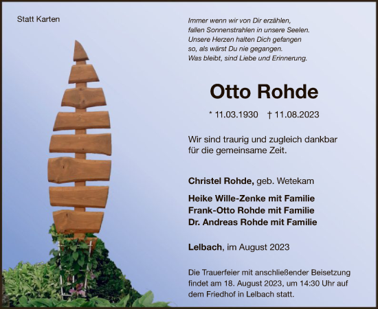 Traueranzeige von Otto Rohde von WLZ