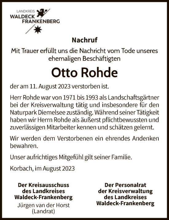 Traueranzeige von Otto Rohde von WLZ