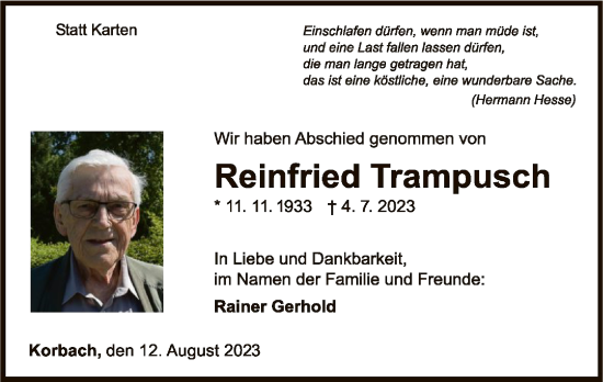 Traueranzeige von Reinfried Trampusch von WLZ