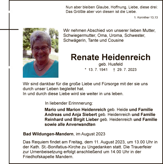 Traueranzeige von Renate Heidenreich von WLZ