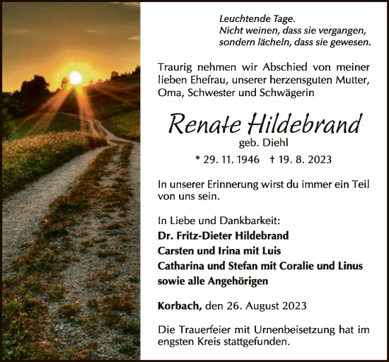 Traueranzeige von Renate Hildebrand von WLZ