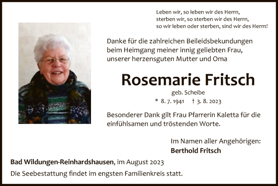 Traueranzeige von Rosemarie Fritsch von WLZ