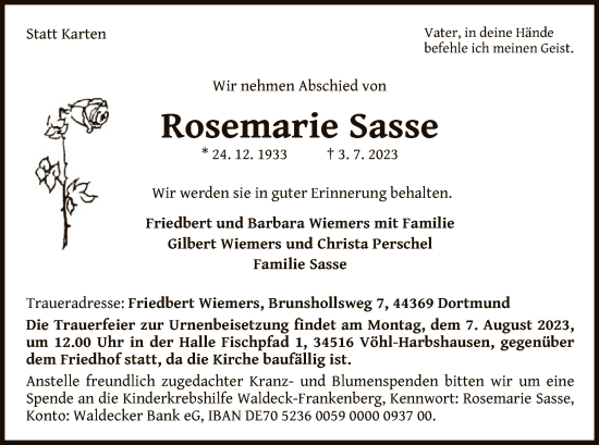 Traueranzeige von Rosemarie Sasse von WLZ