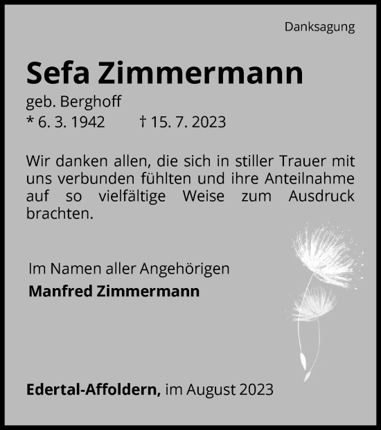 Traueranzeige von Sefa Zimmermann von WLZ