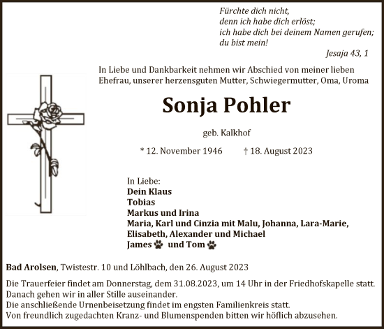 Traueranzeige von Sonja Pohler von WLZHNA