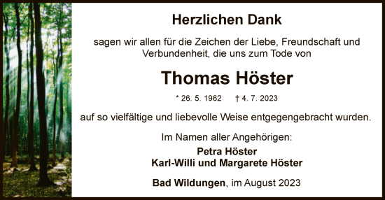 Traueranzeige von Thomas Höster von WLZ