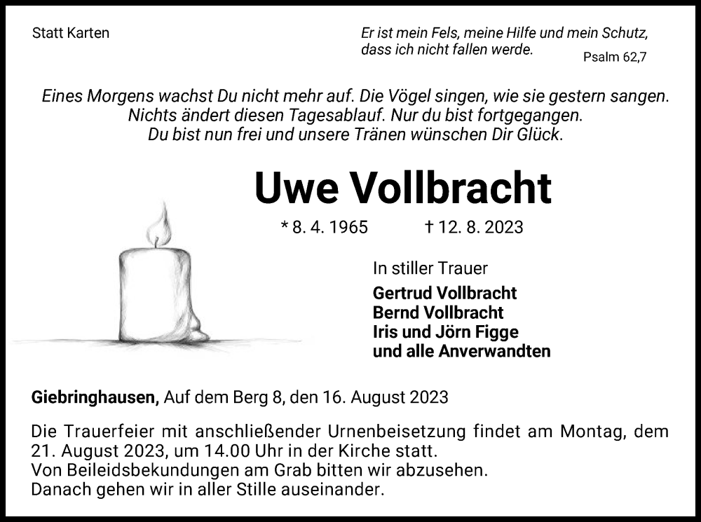  Traueranzeige für Uwe Vollbracht vom 16.08.2023 aus WLZ