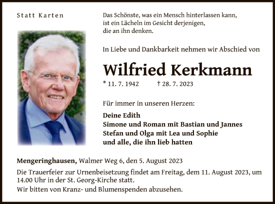 Traueranzeige von Wilfried Kerkmann von WLZ