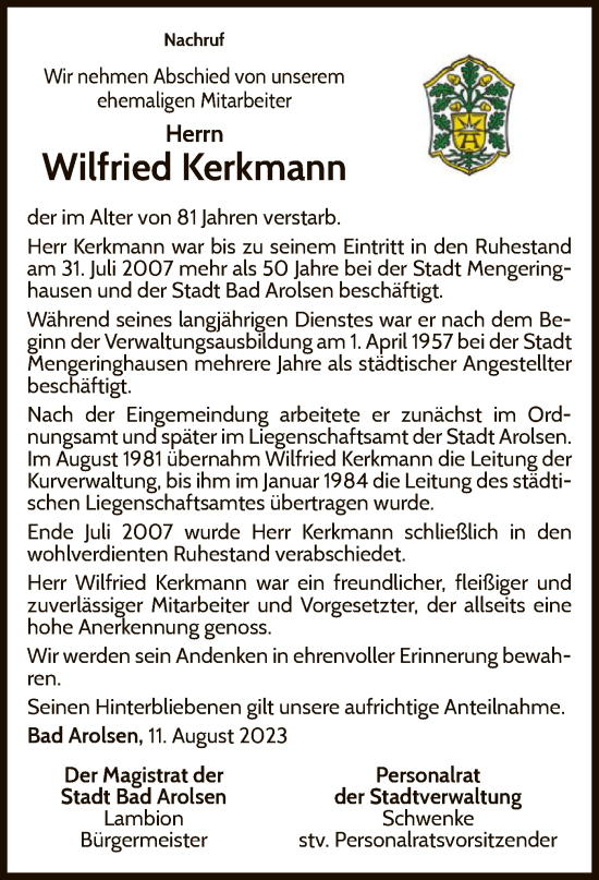 Traueranzeige von Wilfried Kerkmann von WLZ